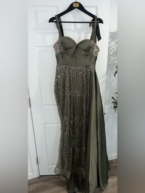 Olive Embellished Strapless Evening Gown with Draped Sash